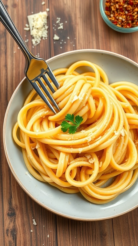 Garlic parmesan noodles garnished with parsley on a rustic table.